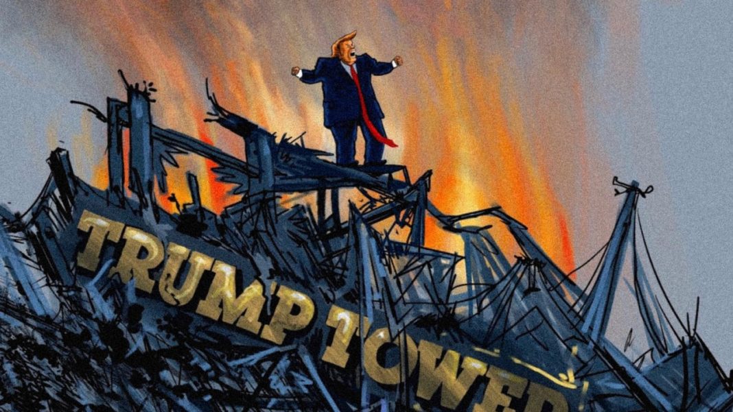 Trump standing on ruin