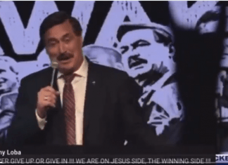 WATCH: Mike Lindell Slurs, Shakes and He’s Got Donnie Darko’s Rabbit In the Front Row. It Won’t Be Long Now
