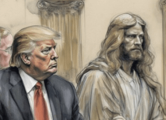 Trump Posts Court Sketch Of Himself With Jesus On Truth Social, X
